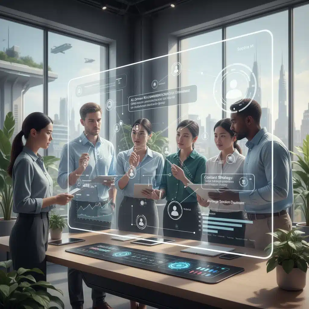 Equipo de marketing analizando datos de clientes y personalización de contenido en pantalla interactiva