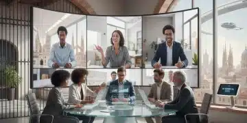 Profesionales colaborando en un entorno de trabajo híbrido moderno en España, con tecnología avanzada para la evaluación de desempeño.