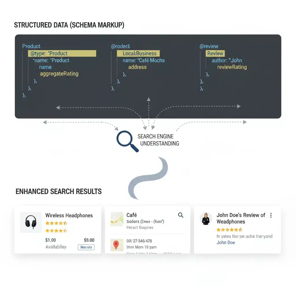 Ejemplo visual de esquemas de datos (schema markup) aplicados a un producto para e-commerce.