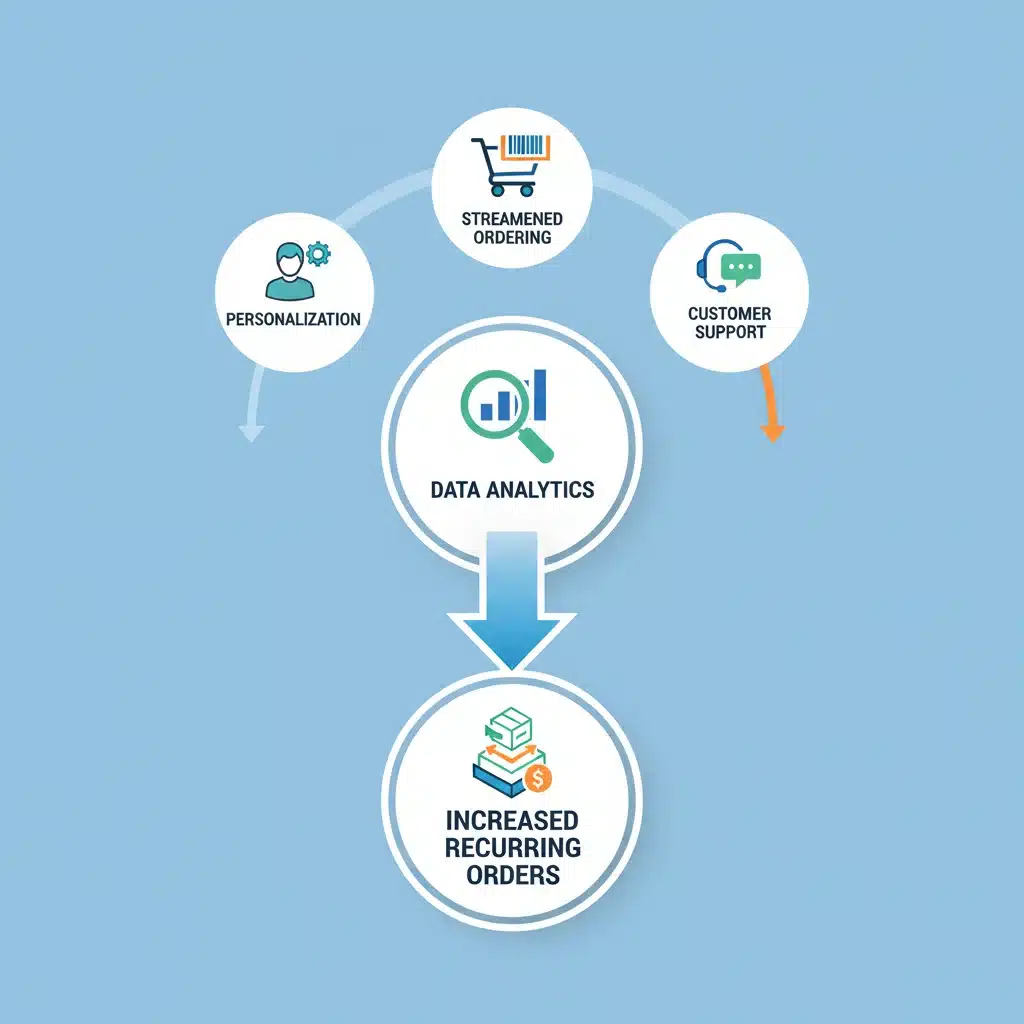 Infografía de estrategia de e-commerce B2B para aumentar pedidos recurrentes.