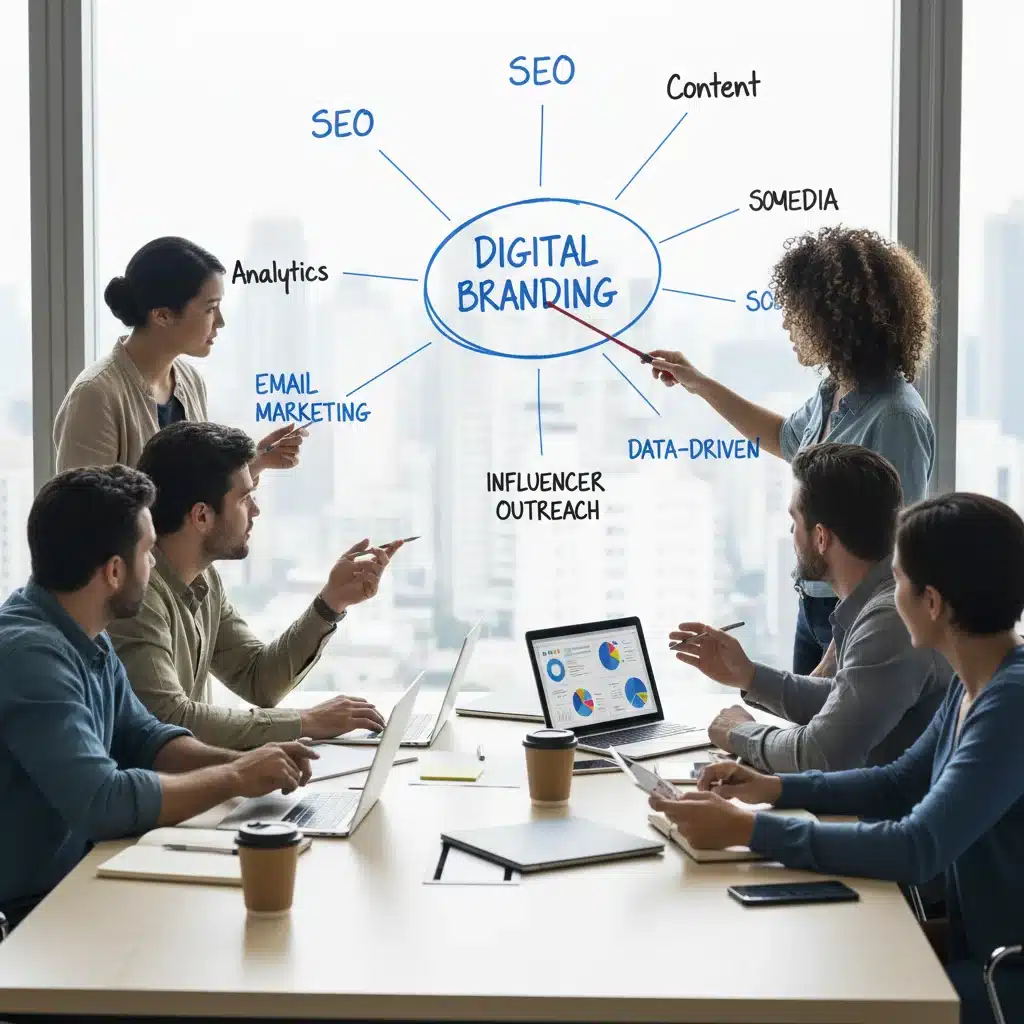 Equipo diverso colaborando en una estrategia de marketing digital, planificando contenido y SEO.