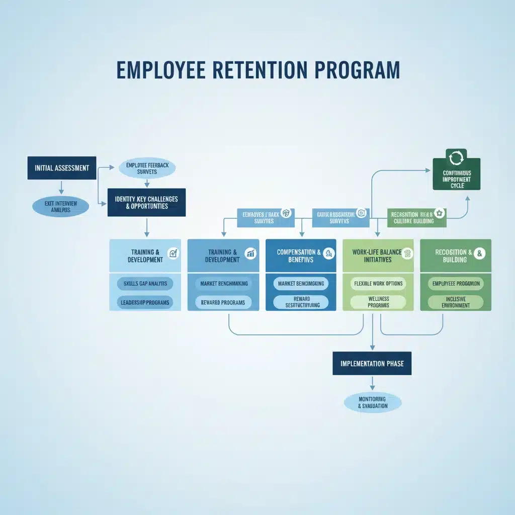 Diagrama de flujo de las estrategias clave para la retención de empleados.