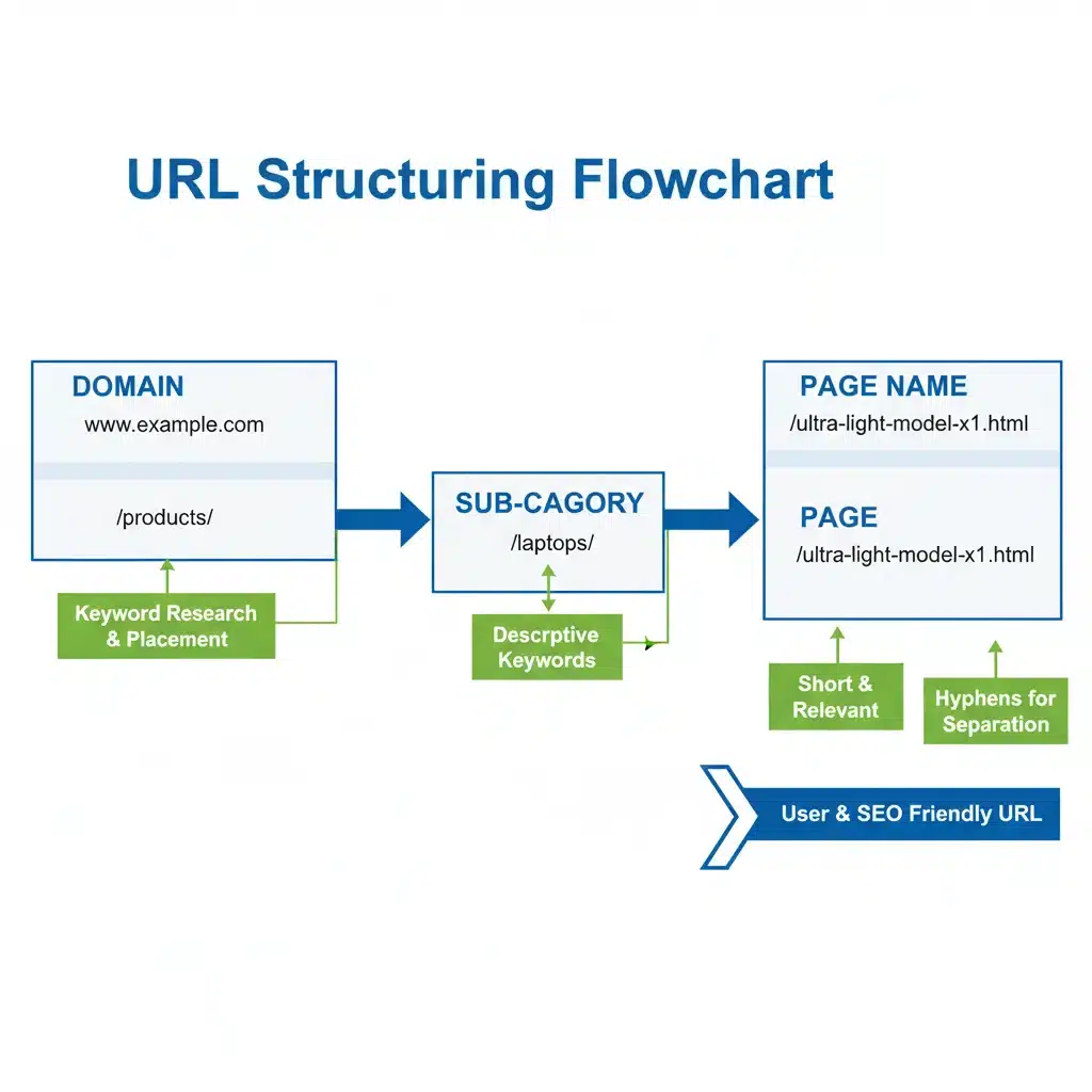 Diagrama de estructura de URL: desde el dominio hasta la página final