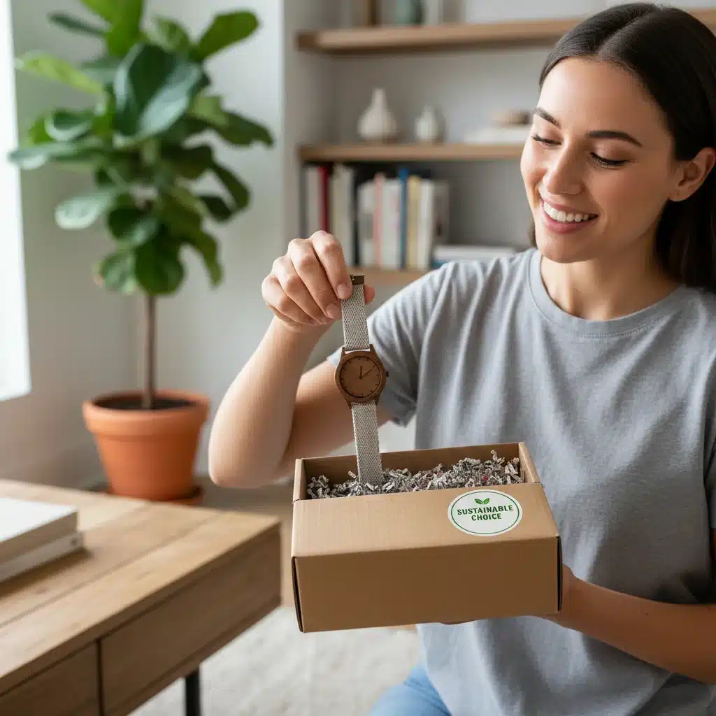 Cliente abriendo un paquete ecológico con un producto sostenible, mostrando satisfacción.