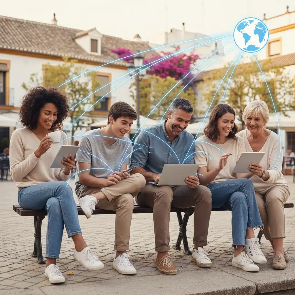 Usuarios españoles satisfechos navegando por internet en diferentes dispositivos, representando una experiencia de usuario fluida gracias a la optimización de la CDN.
