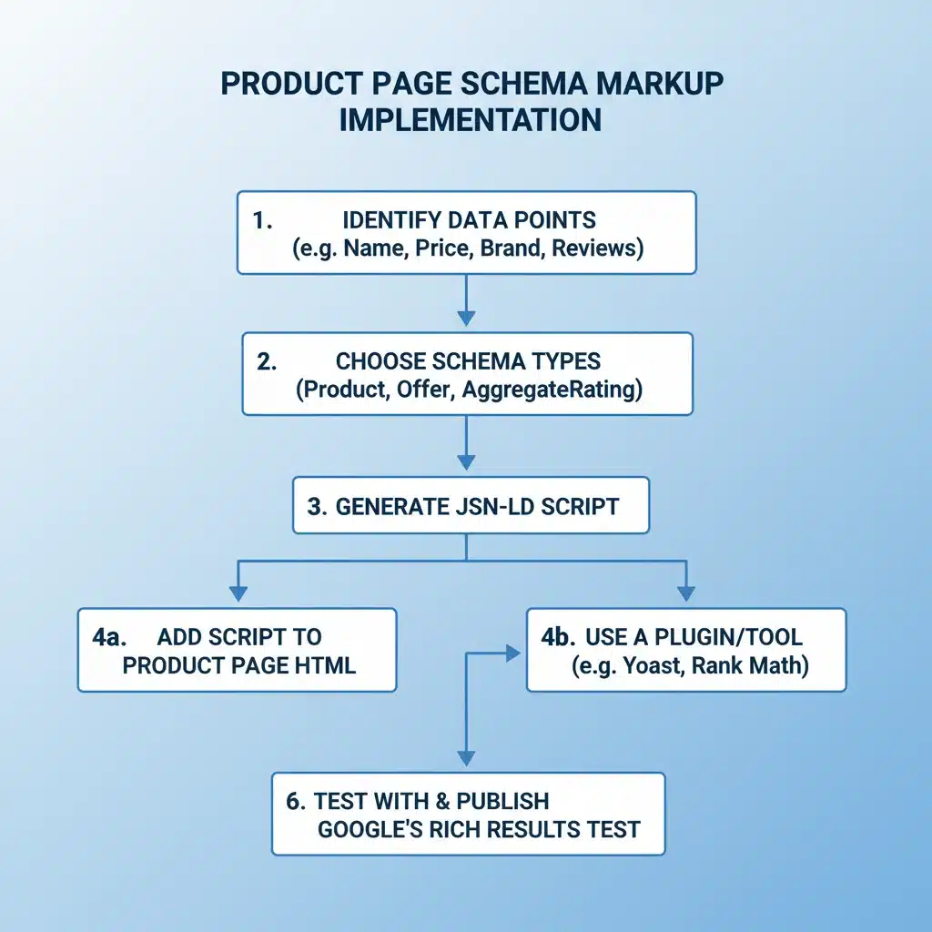 Diagrama de flujo de implementación de Schema Markup para páginas de producto en tiendas online.