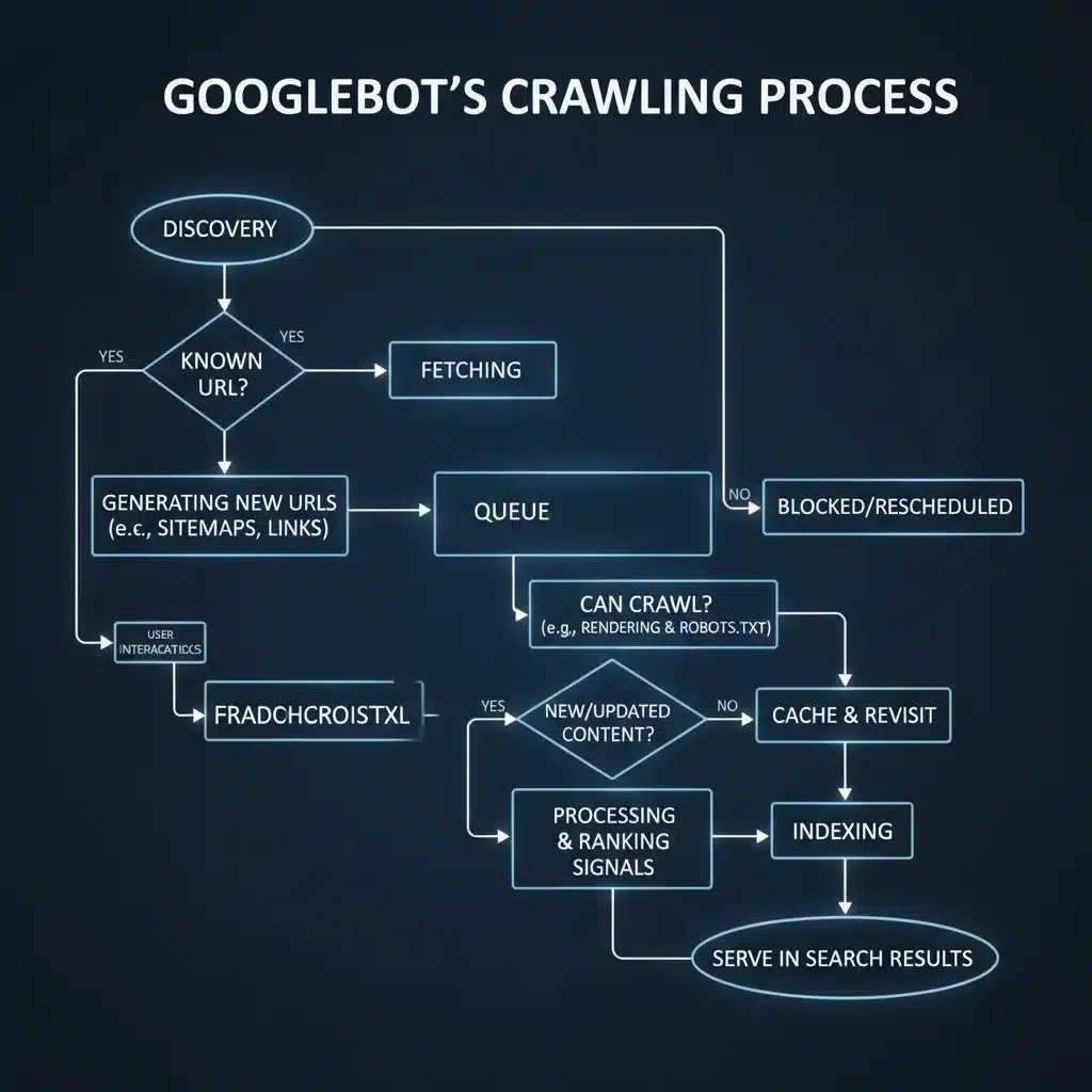 Diagrama de flujo detallado del proceso de rastreo e indexación de Googlebot.