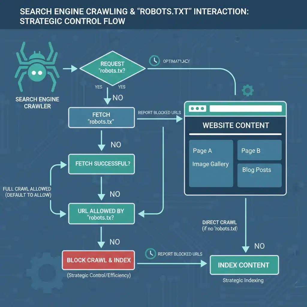 Diagrama de flujo mostrando la interacción de bots y robots.txt para un rastreo eficiente.