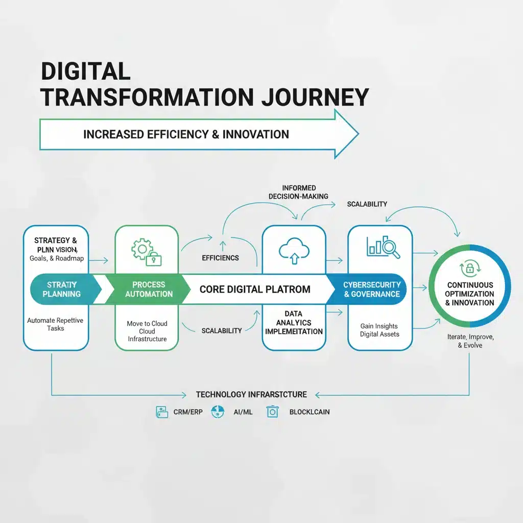 Diagrama de flujo de la transformación digital, mostrando automatización de procesos y migración a la nube.