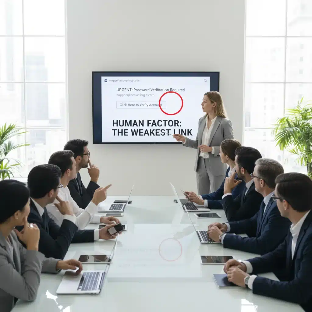 Profesionales de negocios en formación de concienciación sobre ciberseguridad, aprendiendo sobre phishing.