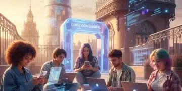 Jóvenes de la Generación Z interactuando con dispositivos digitales en un entorno urbano español, representando el futuro del branding digital.