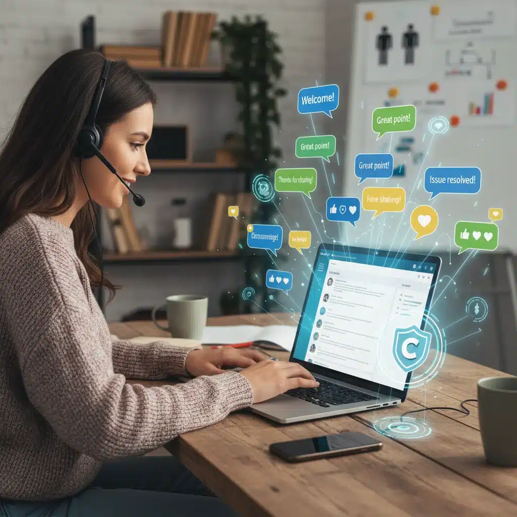 Gestor de comunidad moderando un foro online de marca, fomentando la interacción y resolviendo dudas.
