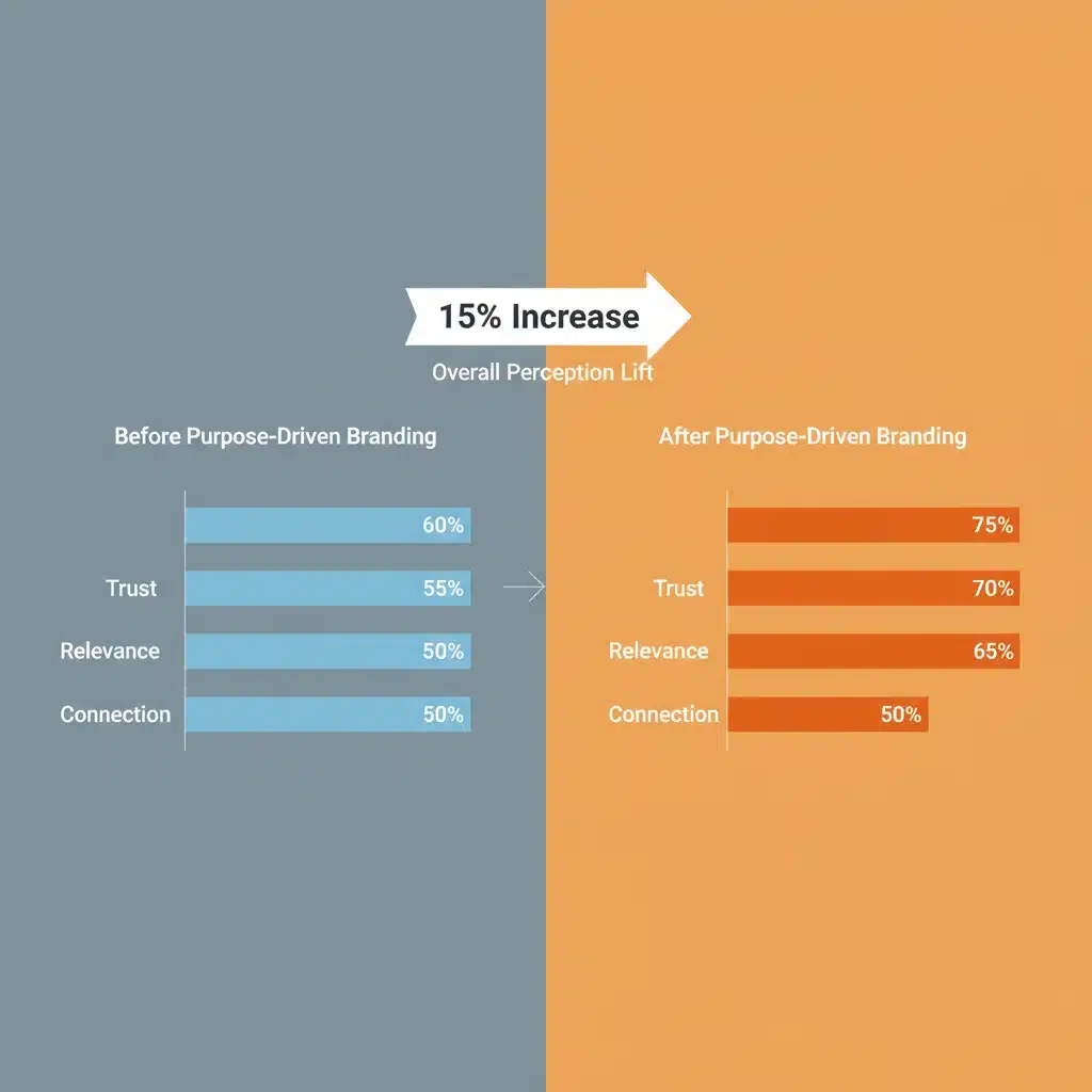 Gráfico de barras comparando percepción de marca antes y después del branding con propósito, mostrando aumento del 15%.