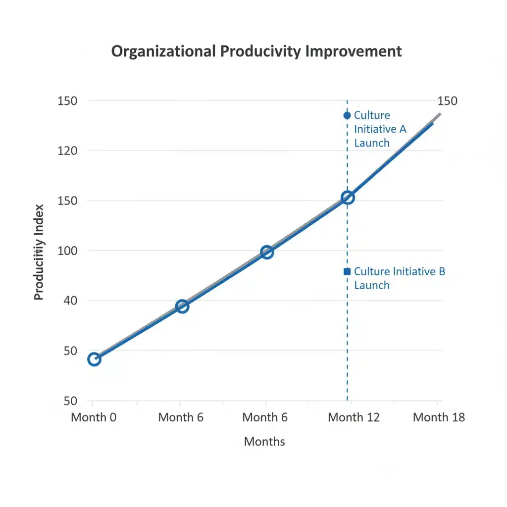 Gráfico de productividad mostrando un aumento del 12% atribuido a mejoras en el clima laboral y la cultura organizacional.