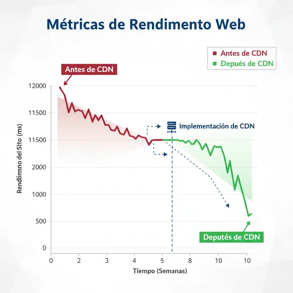 Gráfico comparativo de rendimiento web antes y después de implementar una CDN, mostrando una mejora significativa en la velocidad de carga.