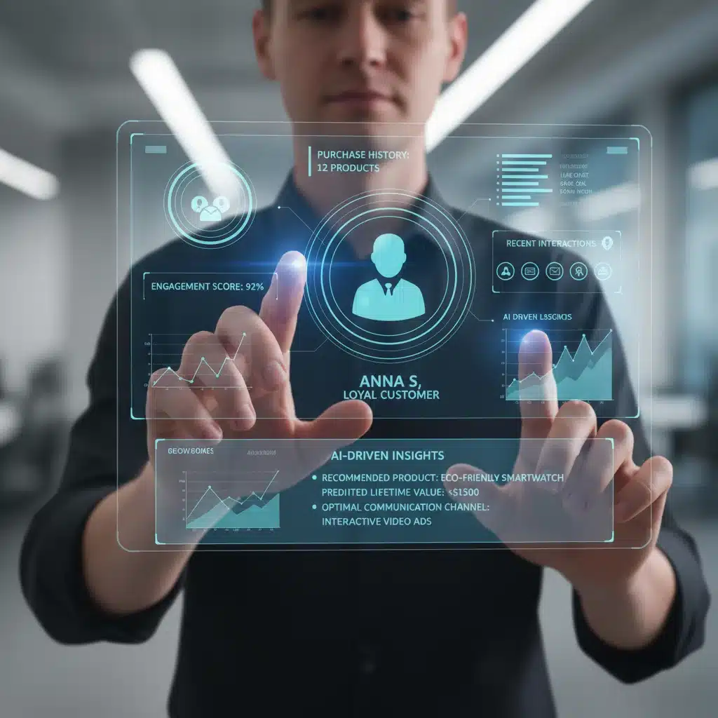 Persona interactuando con una interfaz holográfica mostrando datos personalizados de clientes, ilustrando la hiper-personalización en branding digital.