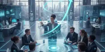 Profesionales colaborando con inteligencia artificial para mejorar la gestión empresarial y aumentar la eficiencia.