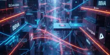 Panorama digital futurista con logotipos de marcas españolas y elementos de datos, simbolizando la redefinición de la identidad digital.