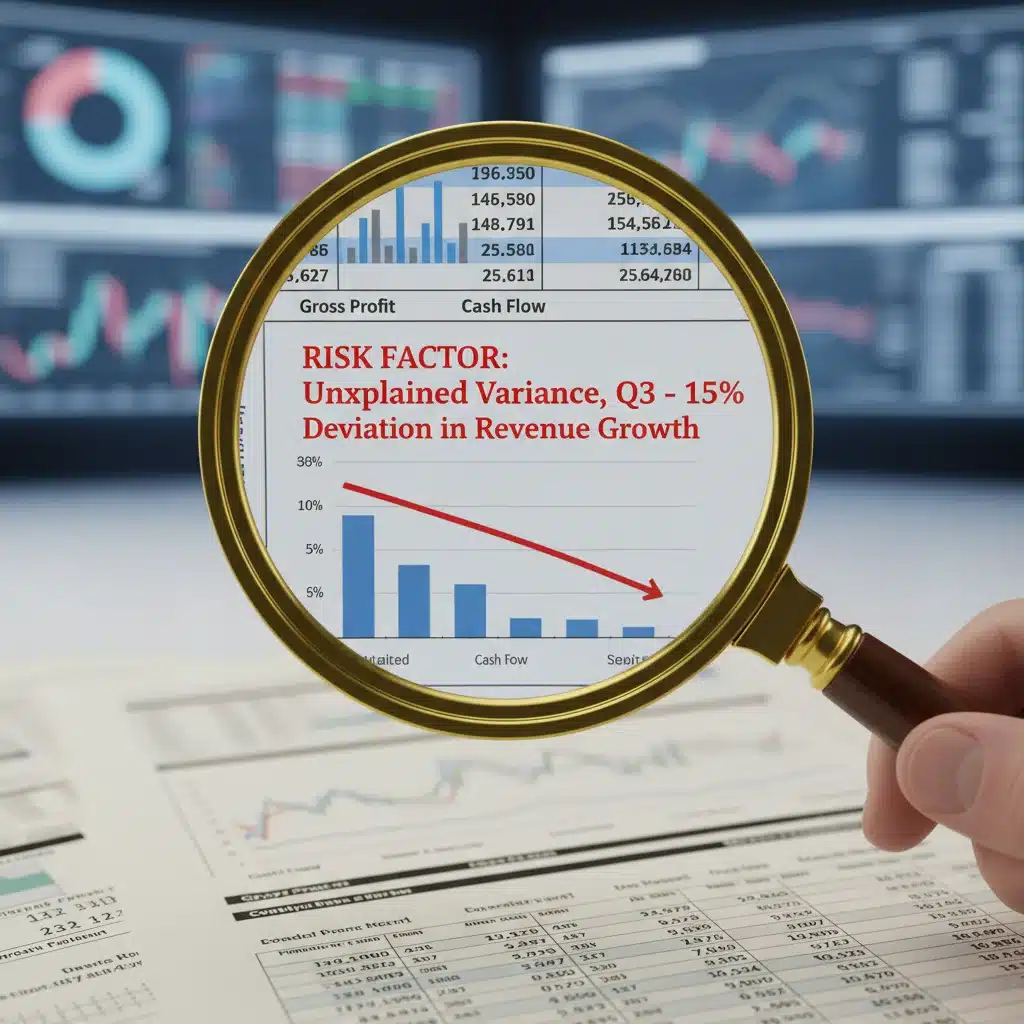 Lupa examinando un informe financiero en busca de riesgos