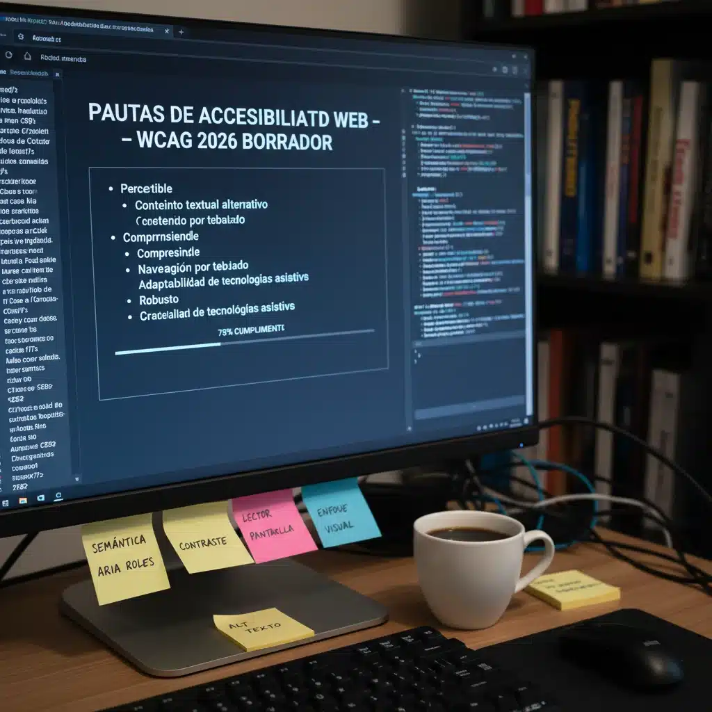 Pantalla de ordenador mostrando código y directrices de accesibilidad web, con notas sobre cumplimiento.