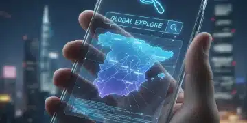 Indexación Móvil 2026: Optimiza tu Web Española para Google Smartphone con lupa y mapa de España, simbolizando la indexación móvil de Google en 2026 y la optimización para sitios españoles.