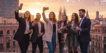 Influencers colaborando en una campaña de marketing digital exitosa en España, con gráficos de alcance en segundo plano.
