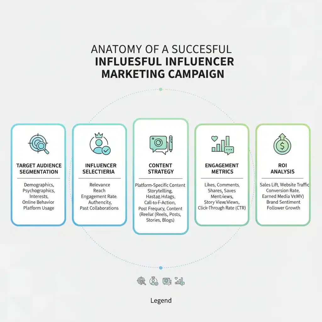Infografía detallada sobre la anatomía de una campaña de marketing de influencers exitosa, mostrando etapas clave.