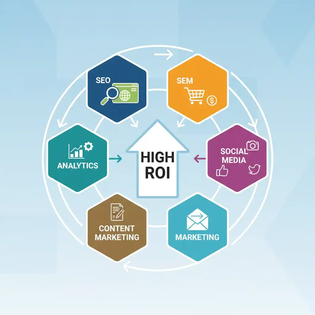 Infografía de componentes clave para una campaña de marketing digital de alto ROI.