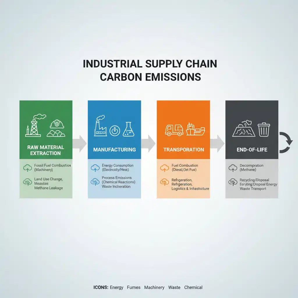 Infografía detallada mostrando las fuentes de emisiones de carbono en la cadena de suministro industrial.