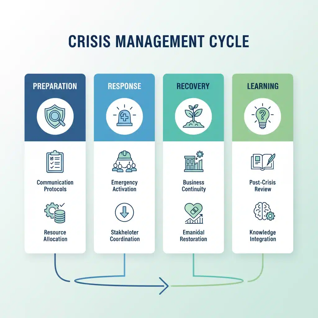 Infografía detallada de las etapas de un plan de gestión de crisis.
