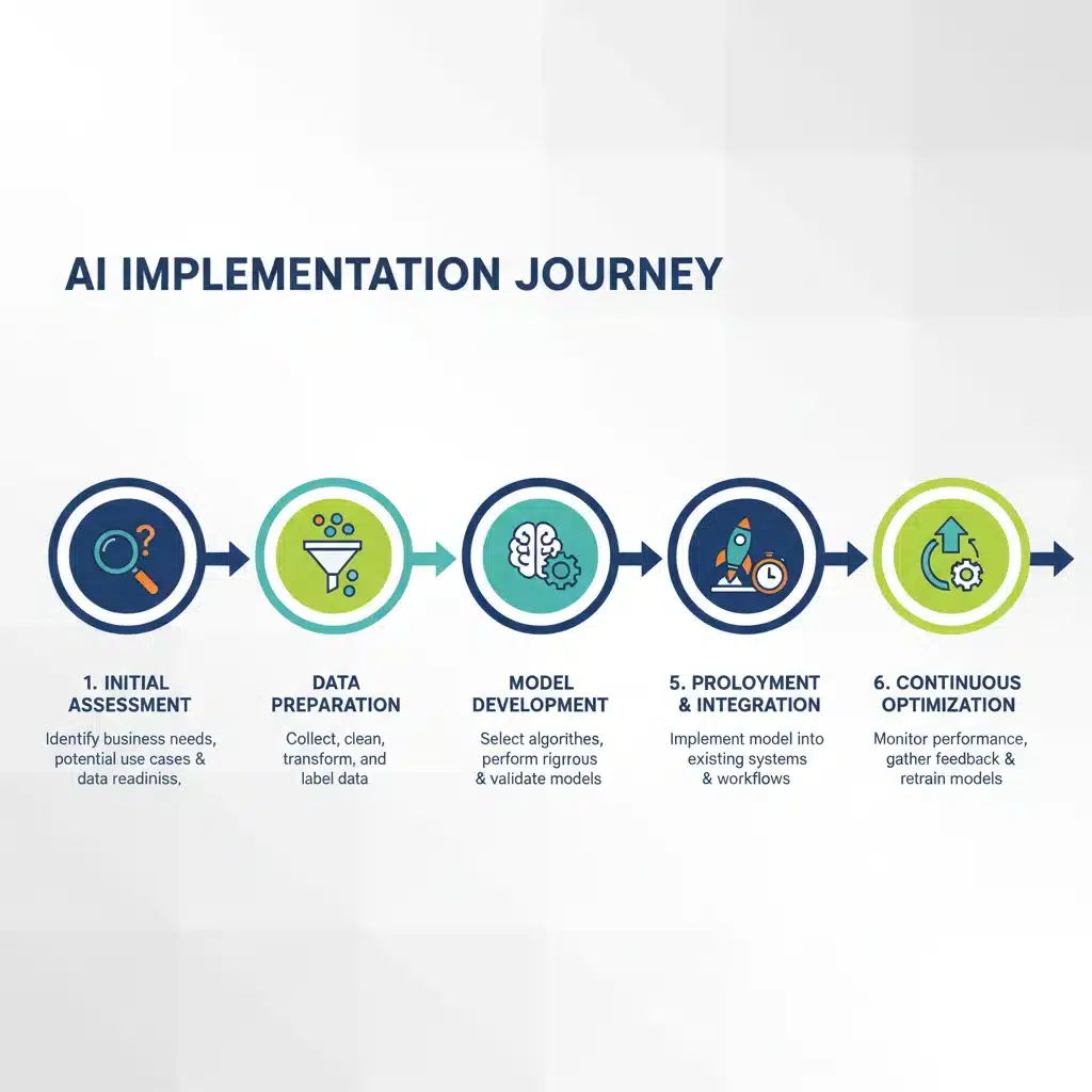 Infografía detallada de las etapas de implementación de la inteligencia artificial en un entorno empresarial.