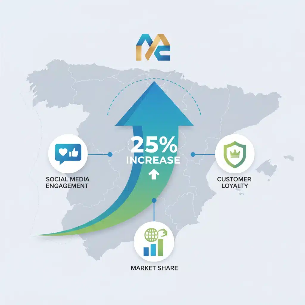 Infografía que muestra un aumento del 25% en el reconocimiento de marca, con iconos de compromiso en redes sociales y lealtad del cliente sobre un mapa de España.
