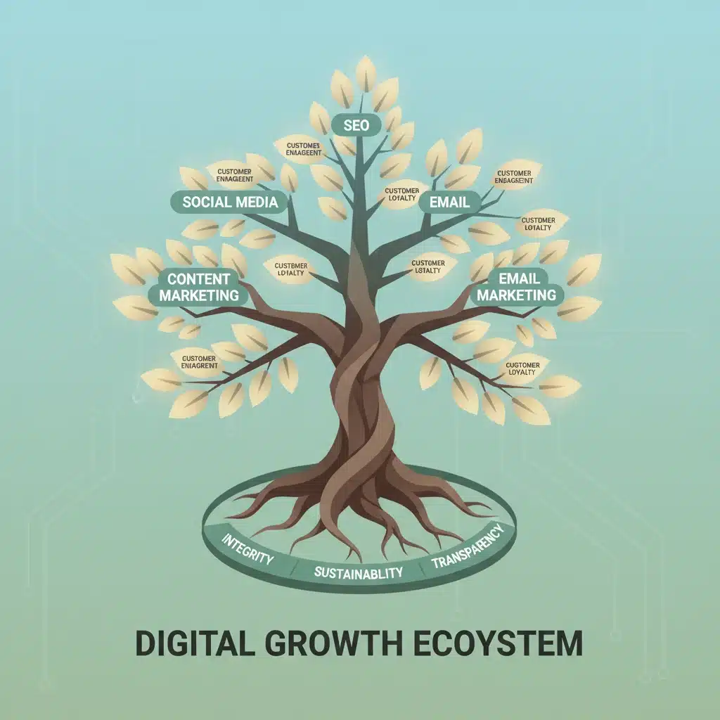 Infografía de un árbol con raíces de valores de marca y ramas de canales digitales, ilustrando cómo los valores nutren el branding.