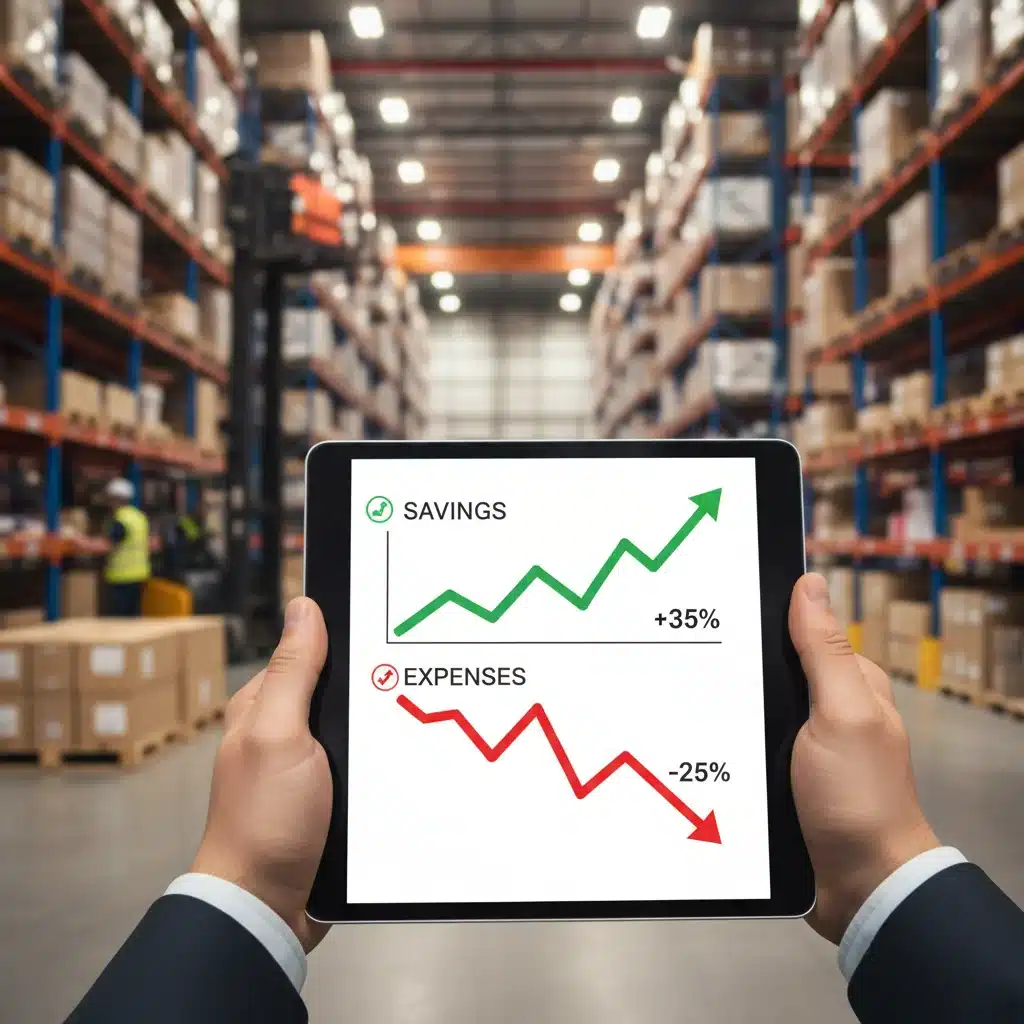 Mano sosteniendo una tablet con informe financiero mostrando ahorros y reducción de gastos en un entorno logístico.