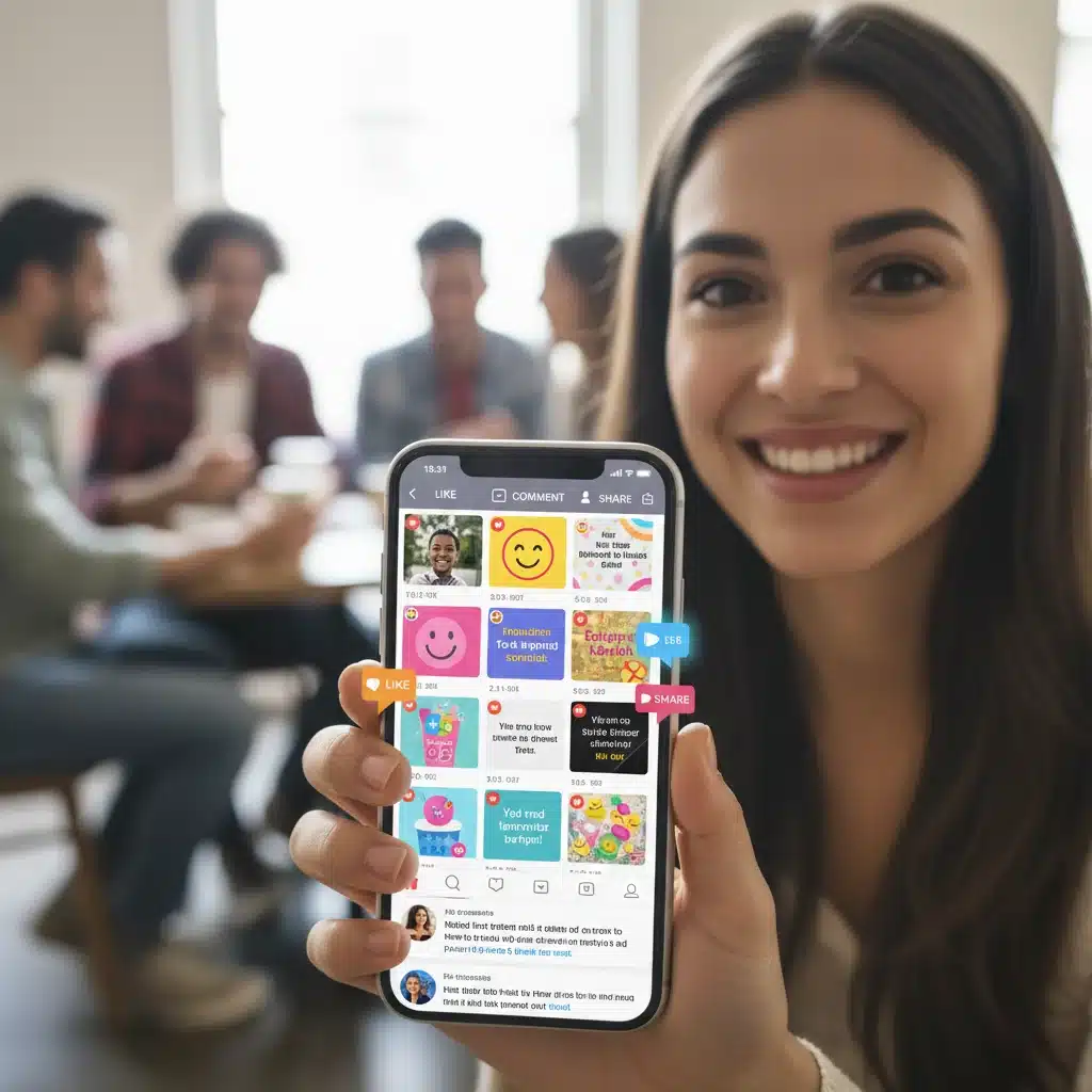 Pantalla de smartphone mostrando feed de redes sociales interactivo con muchos likes y comentarios, simbolizando una comunidad digital activa y comprometida.