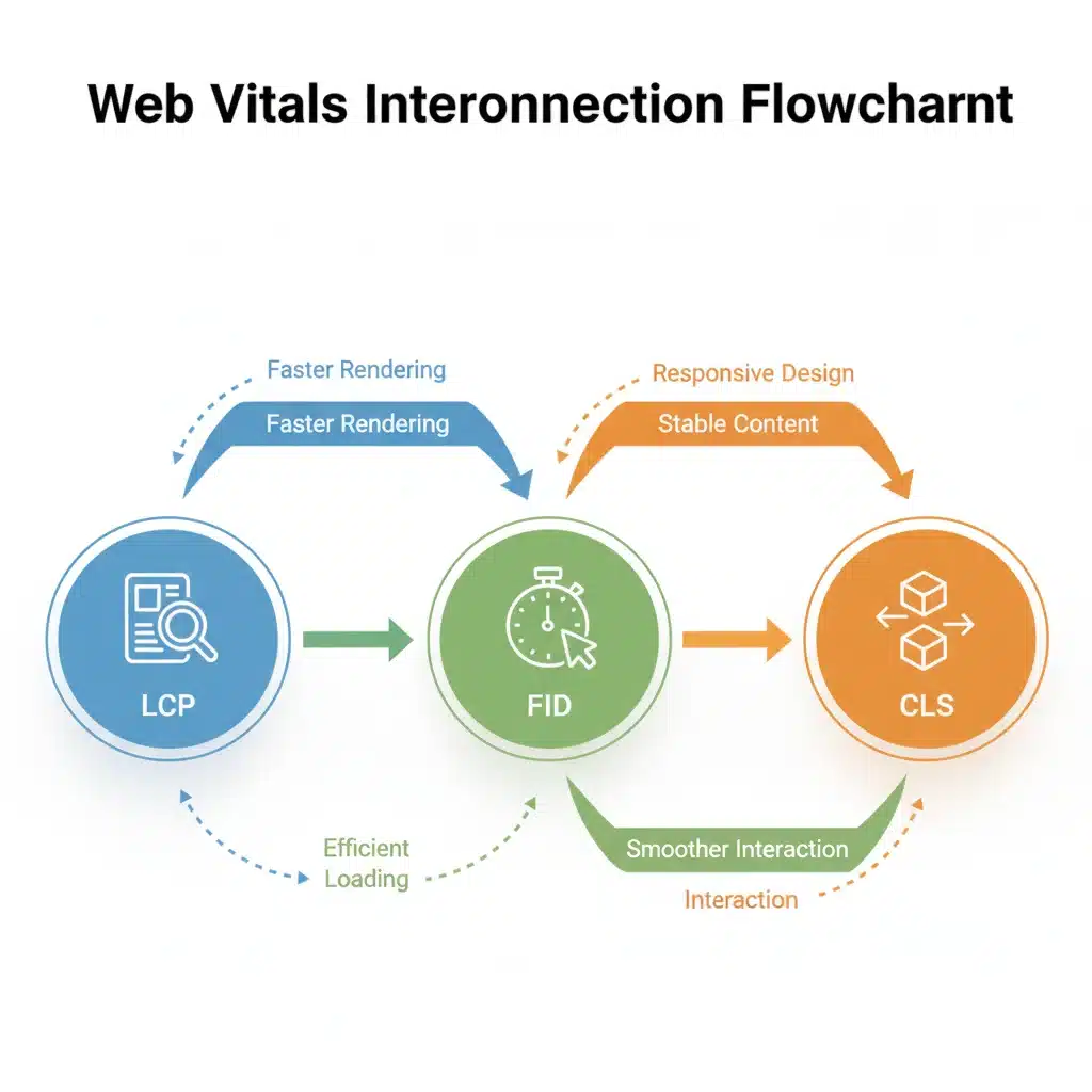 Diagrama de flujo explicando la interconexión entre LCP, FID y CLS para una mejor optimización