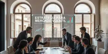 Líderes empresariales debatiendo estrategias en un entorno volátil, con gráficos digitales y un ambiente colaborativo que refleja la toma de decisiones en el mercado español.