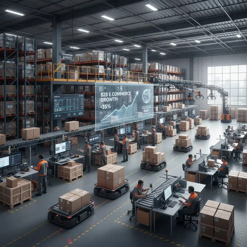 Centro logístico optimizado para gestionar un alto volumen de pedidos B2B de e-commerce.