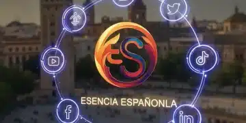 Logotipo vibrante de empresa española en pantalla, rodeado de iconos de redes sociales iluminados, representando el éxito del branding y el aumento del engagement.