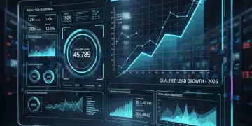 Panel de control de marketing digital futurista con gráficos de leads y el año 2026