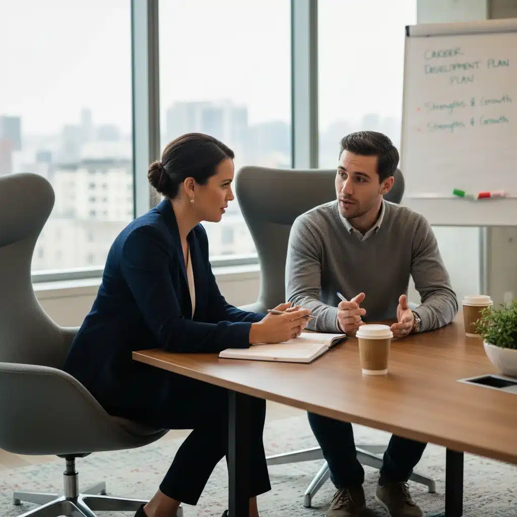 Profesional de RRHH mentorizando a un empleado, destacando desarrollo de carrera y apoyo personalizado.