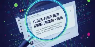 Lupa digital enfocando meta descripción y título SEO optimizados en resultados de búsqueda