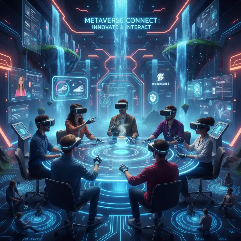 Grupo de personas en una reunión de realidad virtual en el metaverso, destacando experiencias de marca inmersivas y construcción de comunidad.