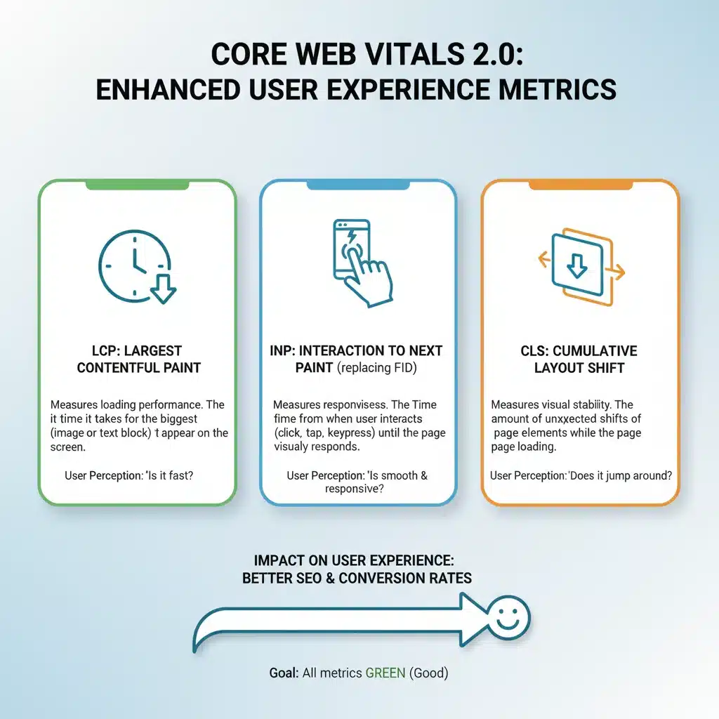 Infografía explicando las métricas clave de Core Web Vitals 2.0