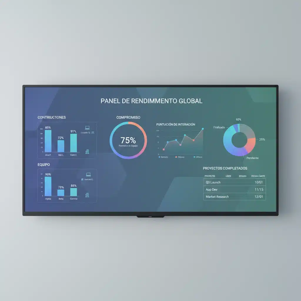 Panel de control con métricas de desempeño para equipos híbridos, mostrando progreso y colaboración.