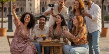 Grupo de micro-influencers españoles creando contenido auténtico para redes sociales, con fondo urbano de España.