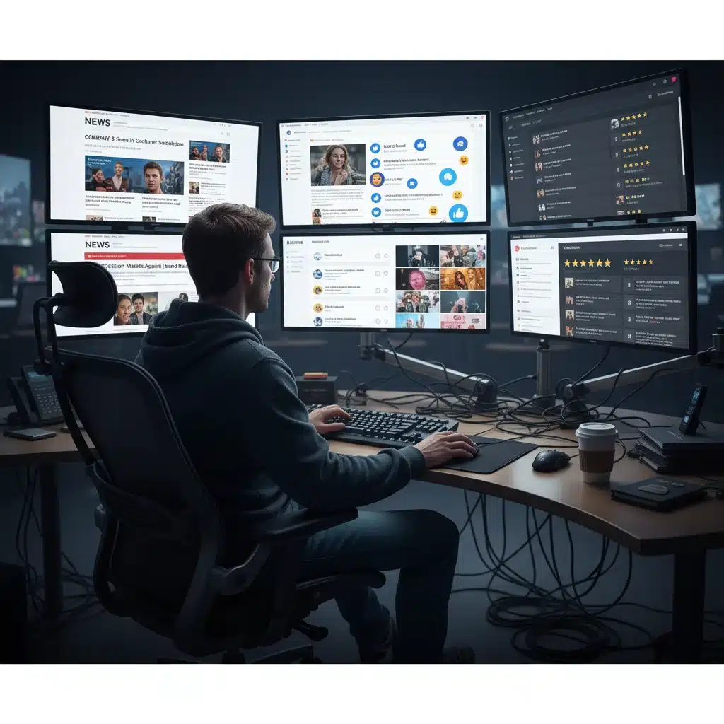 Persona monitorizando redes sociales y reseñas para gestionar reputación