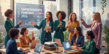 Mujeres emprendedoras exitosas en un entorno colaborativo, simbolizando el auge del emprendimiento femenino en 2026.