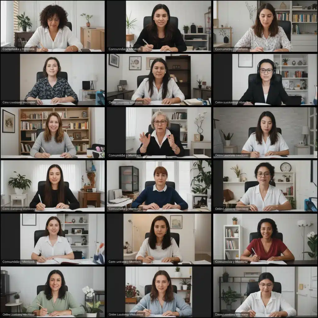 Grupo diverso de mujeres participando en un webinar de formación y mentoría, fomentando la comunidad emprendedora femenina.