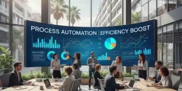 Oficina moderna con profesionales españoles colaborando y optimizando procesos empresariales automatizados